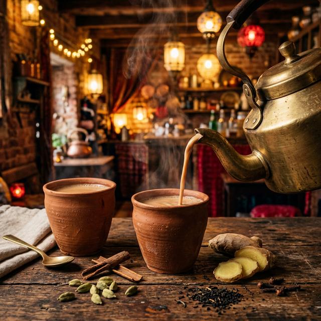 Masala chai being poured into kulhads
